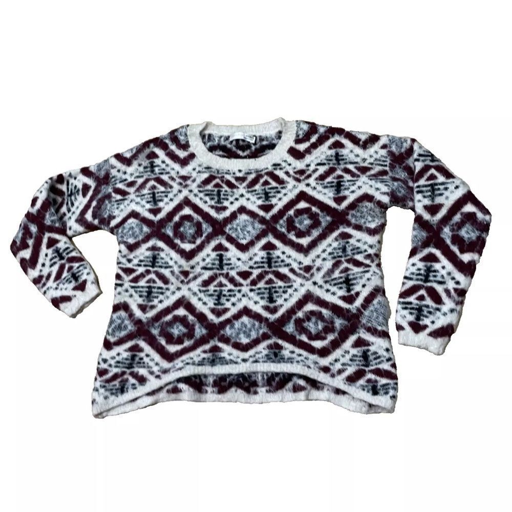 A'GACI MOHAIR Sweater Women M Red Beige Tribal Aztec Geometric Fuzzy Pullover M